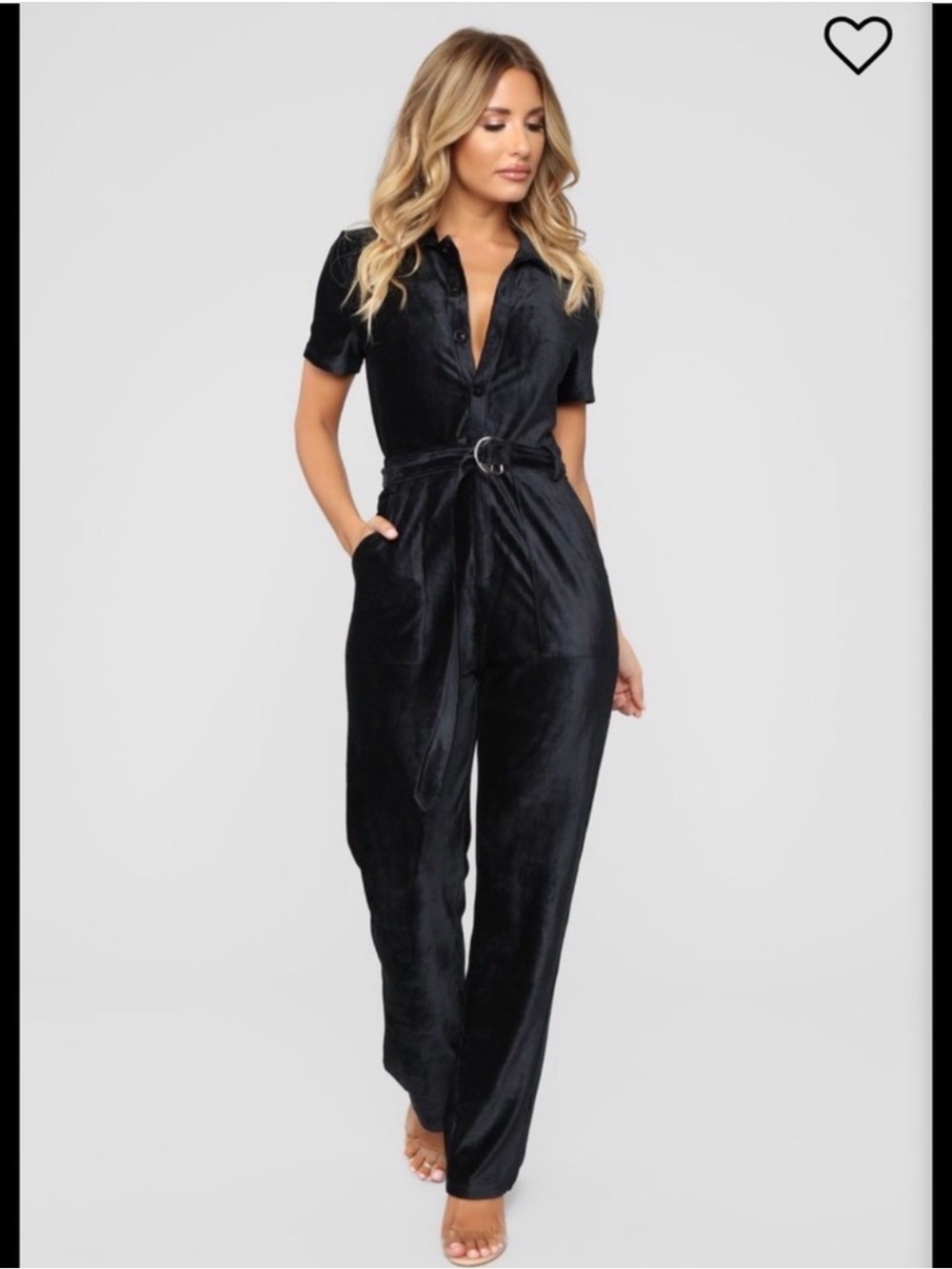 Fashion Nova Black Velvet Short-Sleeve Belted Jumpsuit